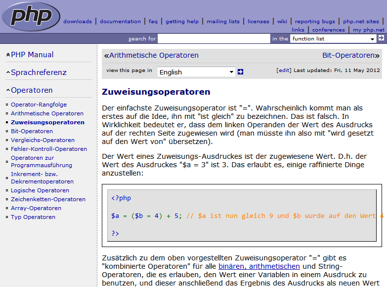 PHP: Zuweisungsoperatoren